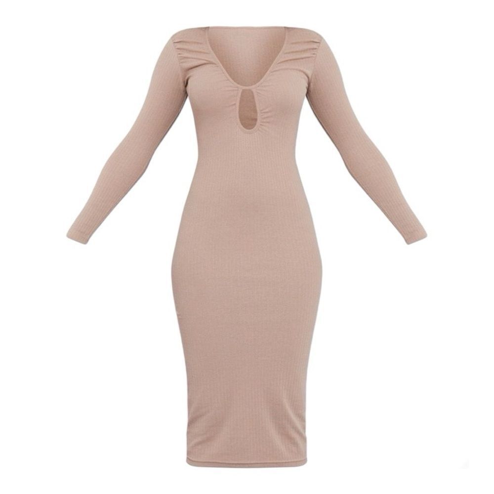 Forever 21 beige long sleeve keyhole midi dress. Size L.